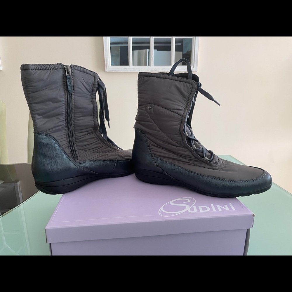 Sudini water resistant lace up booties. Grey. Size 9. New. Soft and comfortable